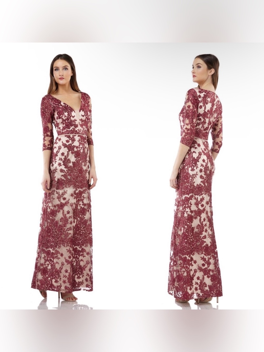 NWT JS COLLECTIONS ROSE WINE EMBROIDERED LACE OVERLAY MAXI GOWN SIZE 4